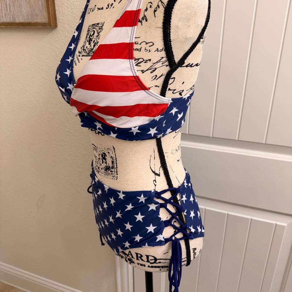 NWOT USA Stars and Stripes High Waisted full coverage Bikini swimsuit sz S - Picture 4 of 8